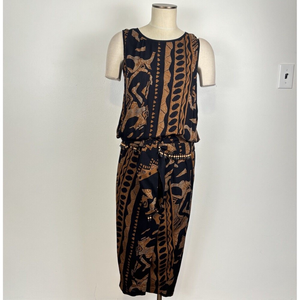 VTG 90s Carole Little Womens 8 Tribal Brown Black Wrap Midi Dress Made USA Rayon